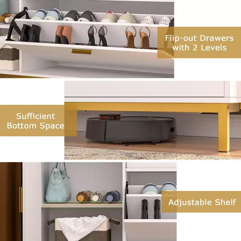 Banc de rangement d'entrée avec tiroirs à bascule à 2 niveaux, siège rembourré, capacité de 8 à 12 paires
