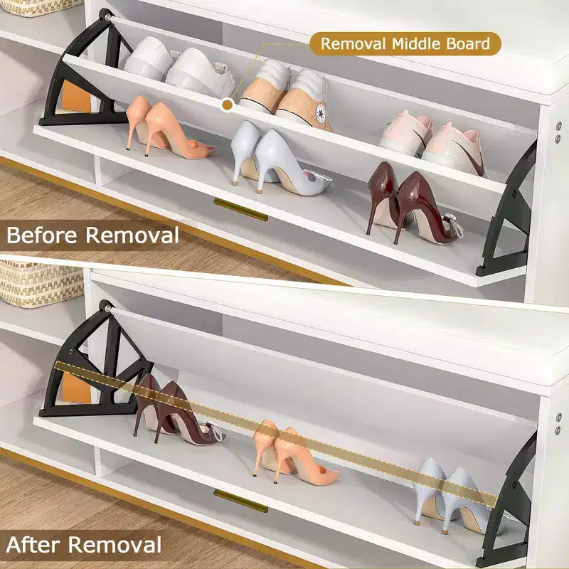 Banc de rangement d'entrée avec tiroirs à bascule à 2 niveaux, siège rembourré, capacité de 8 à 12 paires