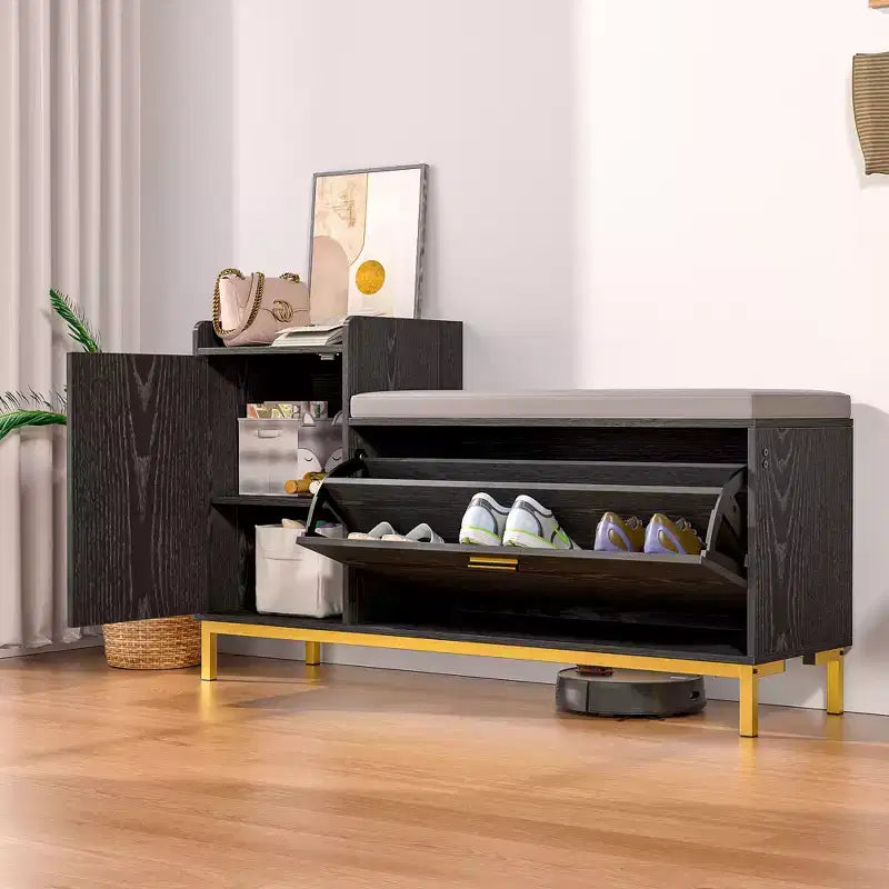 Banc de rangement d'entrée avec tiroirs à bascule à 2 niveaux, siège rembourré, capacité de 8 à 12 paires