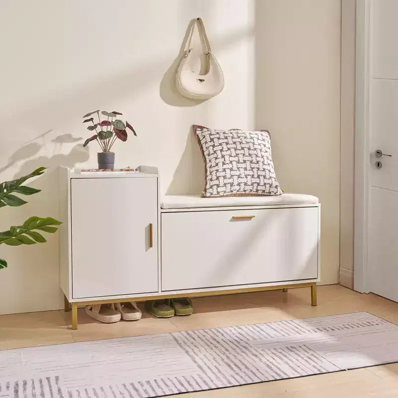 Entryway Storage Bench with 2-Tier Flip Drawers, Cushioned Seat, Holds 8-12 Pairs