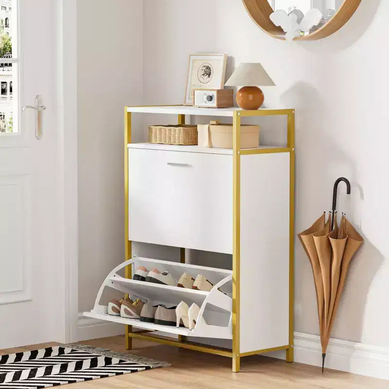 Entryway Storage Bench with 2-Tier Flip Drawers, Cushioned Seat, Holds 8-12 Pairs
