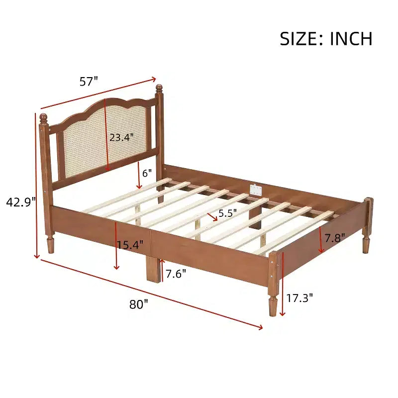 Lit plateforme Queen/Full avec tête de lit en rotin naturel et lattes en bois, capacité de 272 kg