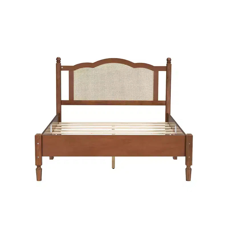 Lit plateforme Queen/Full avec tête de lit en rotin naturel et lattes en bois, capacité de 272 kg