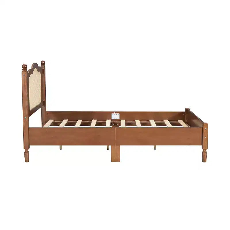 Lit plateforme Queen/Full avec tête de lit en rotin naturel et lattes en bois, capacité de 272 kg