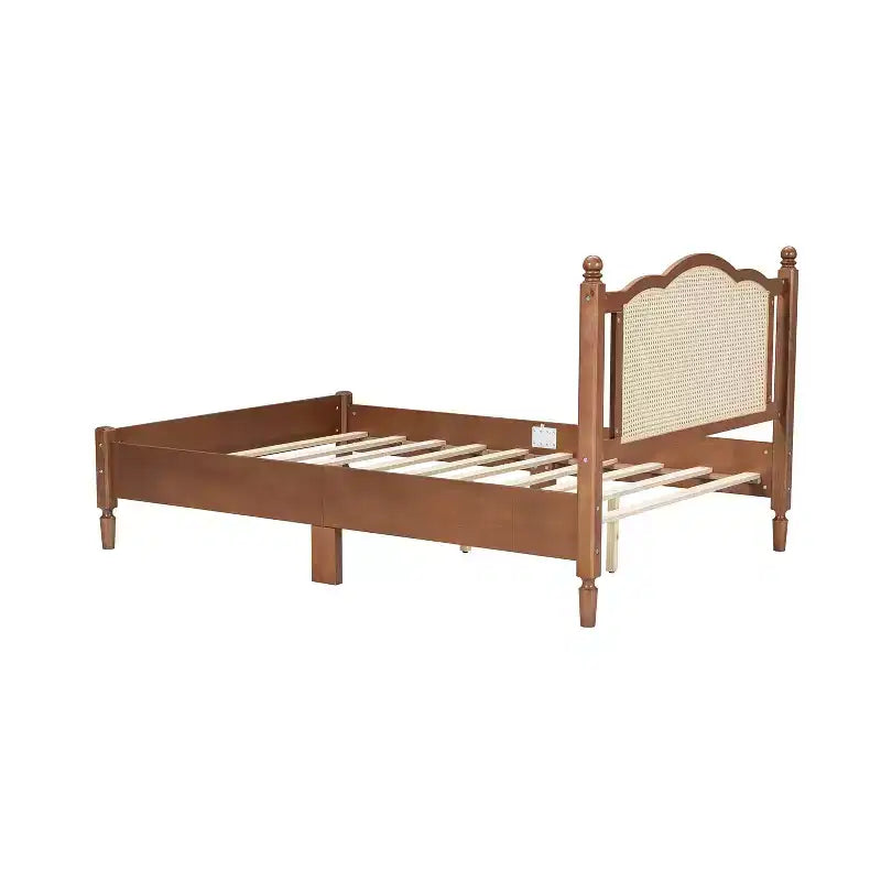 Lit plateforme Queen/Full avec tête de lit en rotin naturel et lattes en bois, capacité de 272 kg
