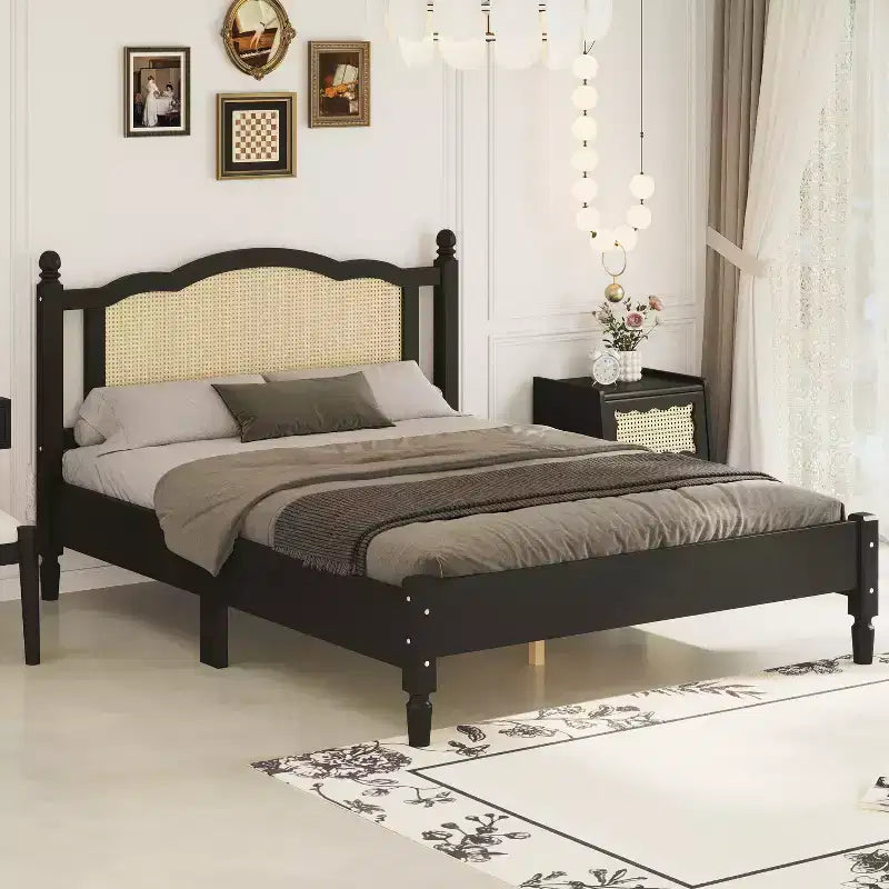 Queen/Full Platform Bed with Natural Rattan Headboard & Wood Slats, 600 lb Capacity