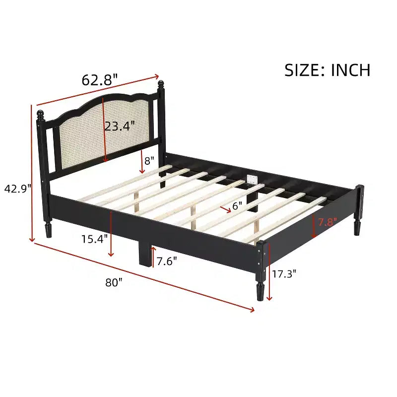 Queen/Full Platform Bed with Natural Rattan Headboard & Wood Slats, 600 lb Capacity