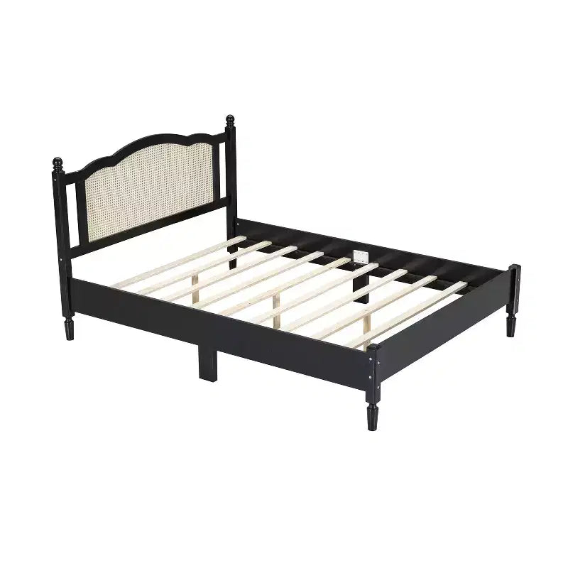 Queen/Full Platform Bed with Natural Rattan Headboard & Wood Slats, 600 lb Capacity