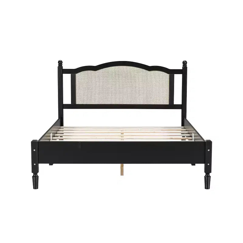 Queen/Full Platform Bed with Natural Rattan Headboard & Wood Slats, 600 lb Capacity