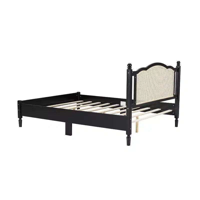 Lit plateforme Queen/Full avec tête de lit en rotin naturel et lattes en bois, capacité de 272 kg