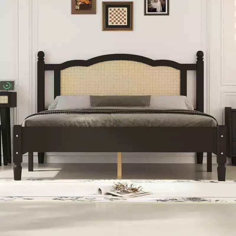Queen/Full Size Wooden Platform Bed with Natural Rattan Headboard, Vintage Bed Frame with Wooden Slat Support 4B - ModernLuxe