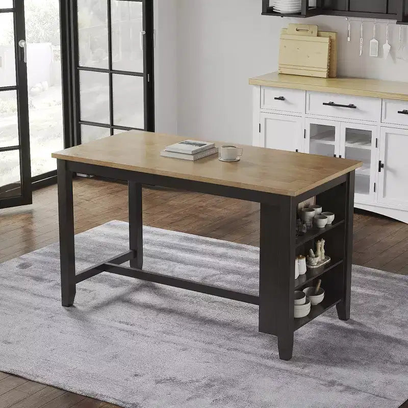 Table de salle à manger hauteur comptoir avec plateau en billot de boucher et 3 étagères de rangement, 4 places