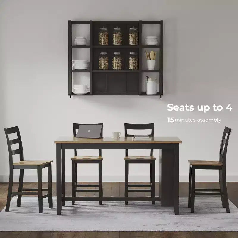 Table de salle à manger hauteur comptoir avec plateau en billot de boucher et 3 étagères de rangement, 4 places