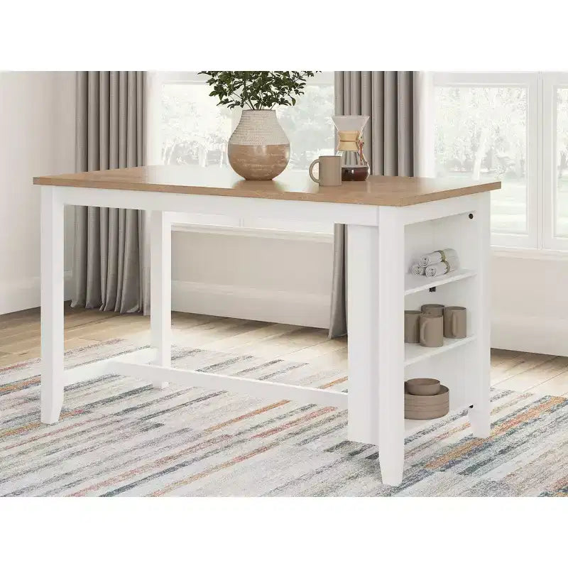 Table de salle à manger hauteur comptoir avec plateau en billot de boucher et 3 étagères de rangement, 4 places
