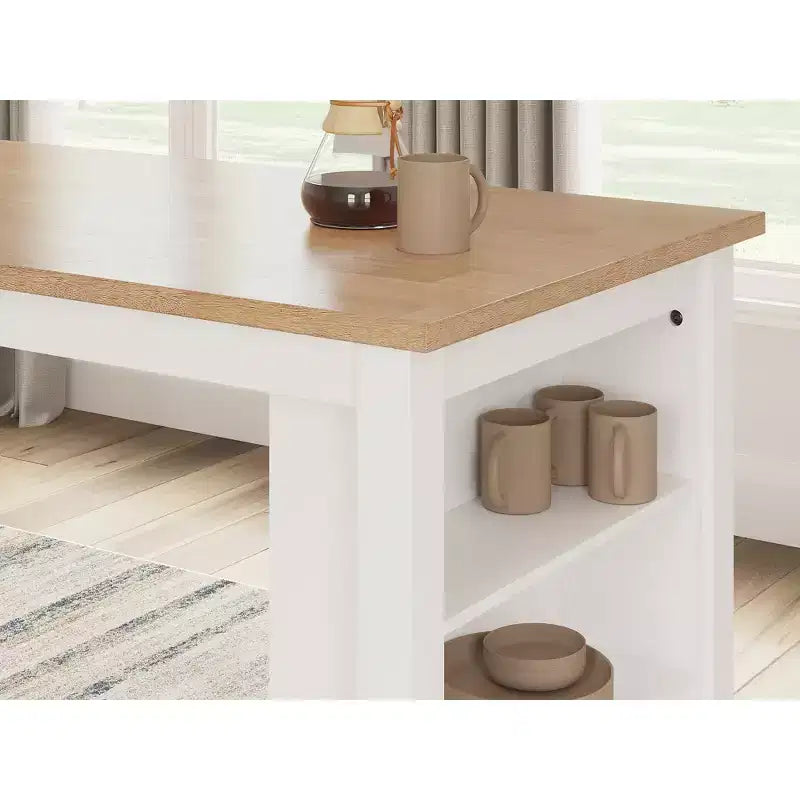 Table de salle à manger hauteur comptoir avec plateau en billot de boucher et 3 étagères de rangement, 4 places