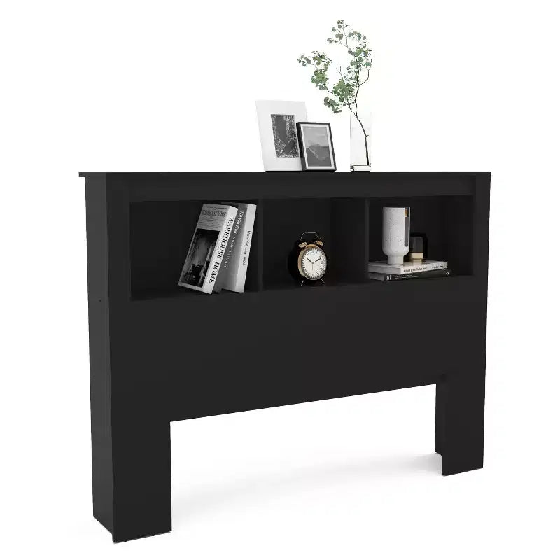 Platform Bed with Bookcase Headboard, 3 Open Shelves & Wood Slats, 500 lb Capacity