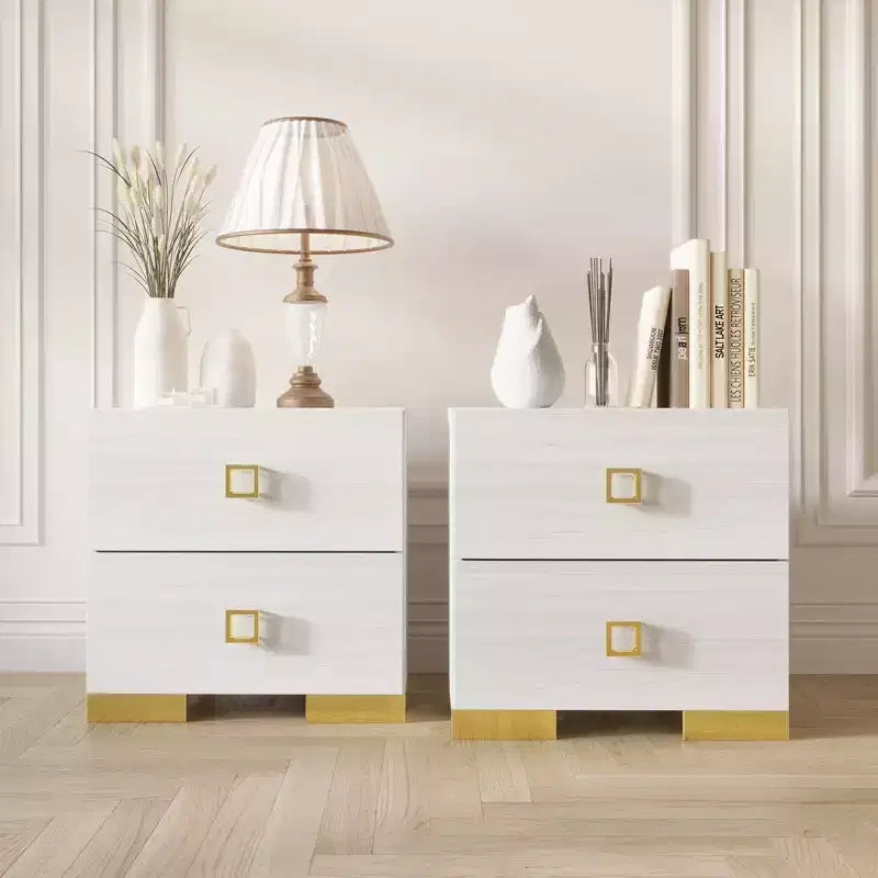 Lot de 2 tables de chevet avec tiroir, pieds en métal doré, blanc/noir