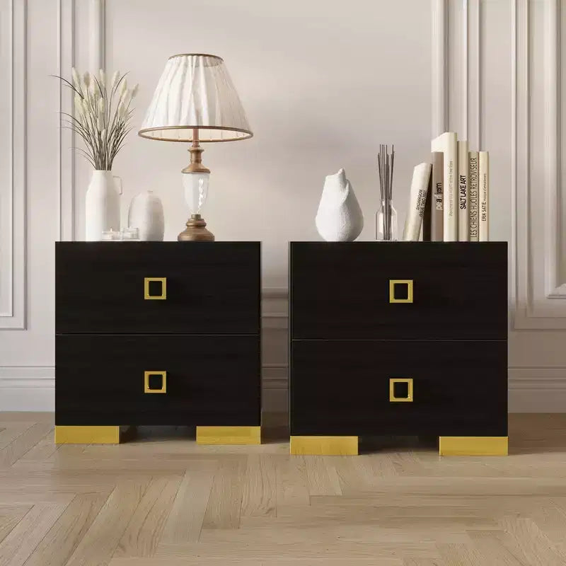 Lot de 2 tables de chevet avec tiroir, pieds en métal doré, blanc/noir