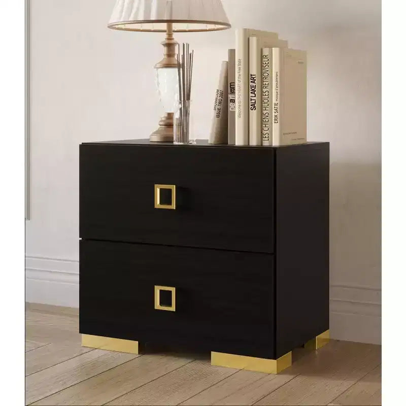 Set of 2 Nightstands with Drawer, Gold Metal Legs, White/Black