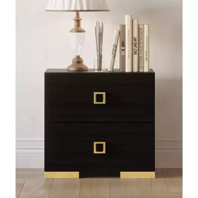 Set of 2 Nightstands with Drawer, Gold Metal Legs, White/Black