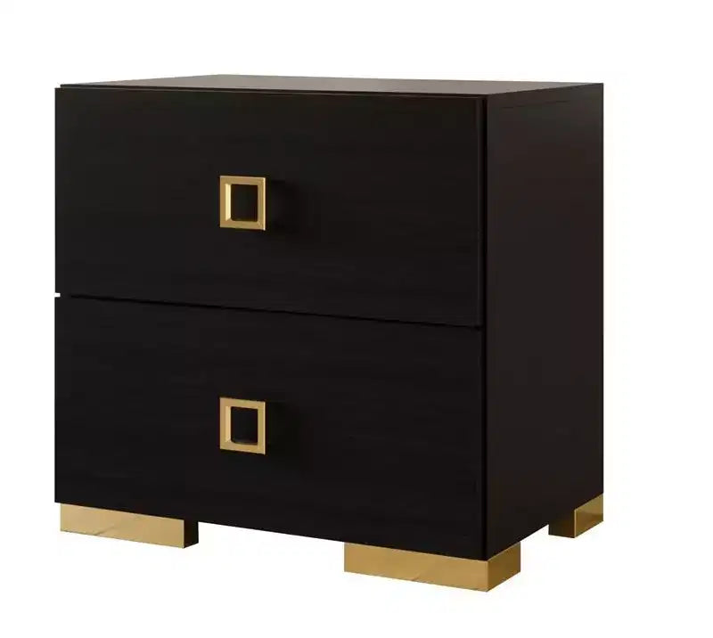 Set of 2 Nightstands with Drawer, Gold Metal Legs, White/Black