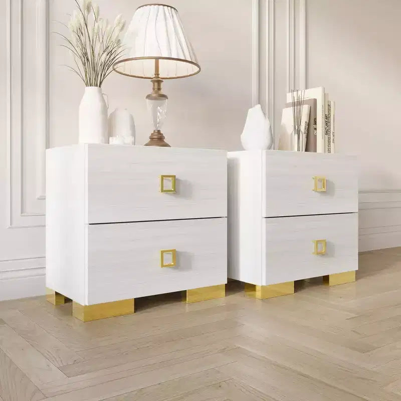 Set of 2 Nightstands with Drawer, Gold Metal Legs, White/Black