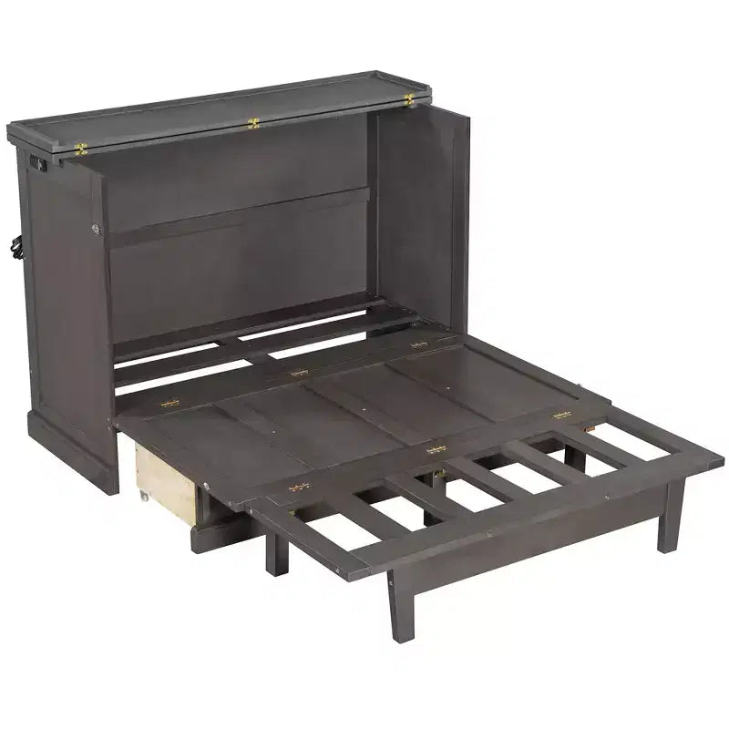 Lit escamotable en bois, taille Queen/double, avec port USB et tiroirs de rangement