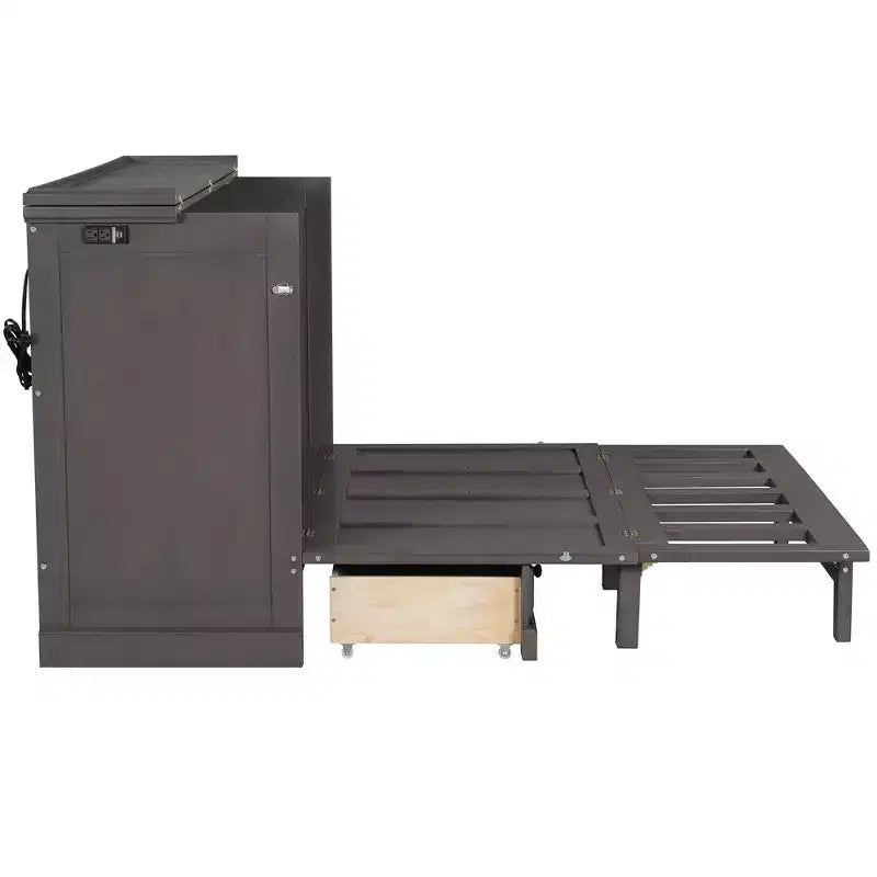 Lit escamotable en bois, taille Queen/double, avec port USB et tiroirs de rangement