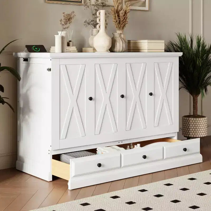 Lit escamotable en bois, taille Queen/double, avec port USB et tiroirs de rangement