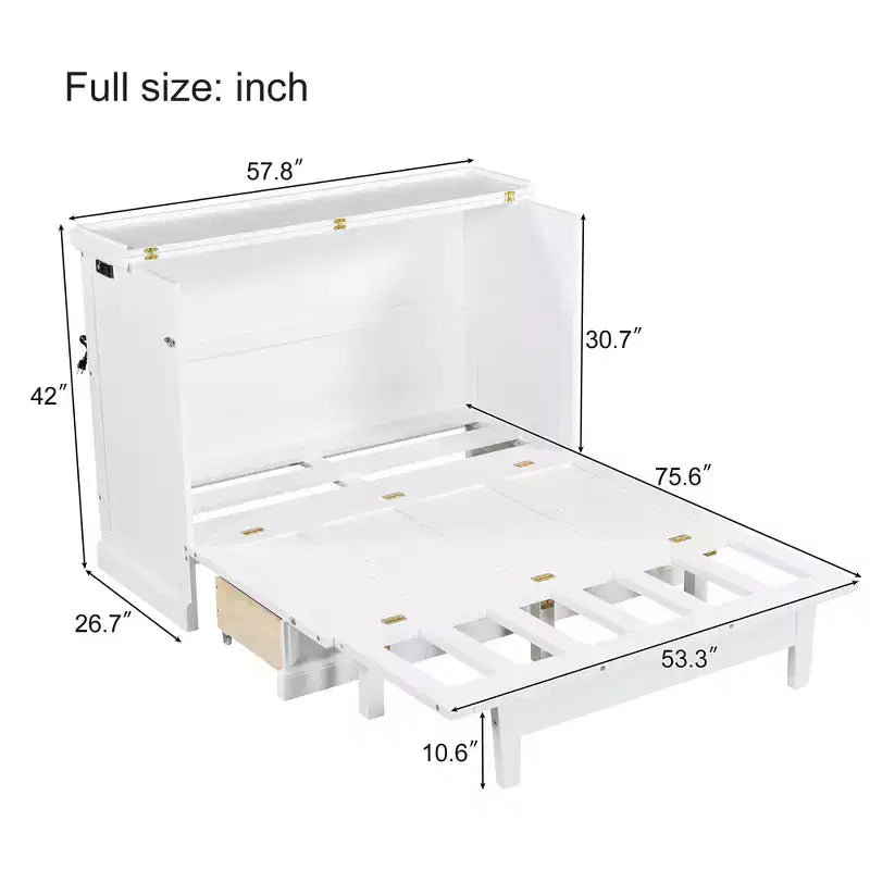 Lit escamotable en bois, taille Queen/double, avec port USB et tiroirs de rangement