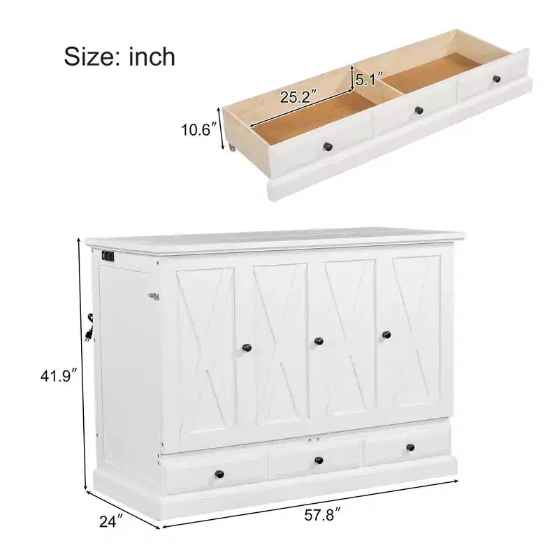 Lit escamotable en bois, taille Queen/double, avec port USB et tiroirs de rangement