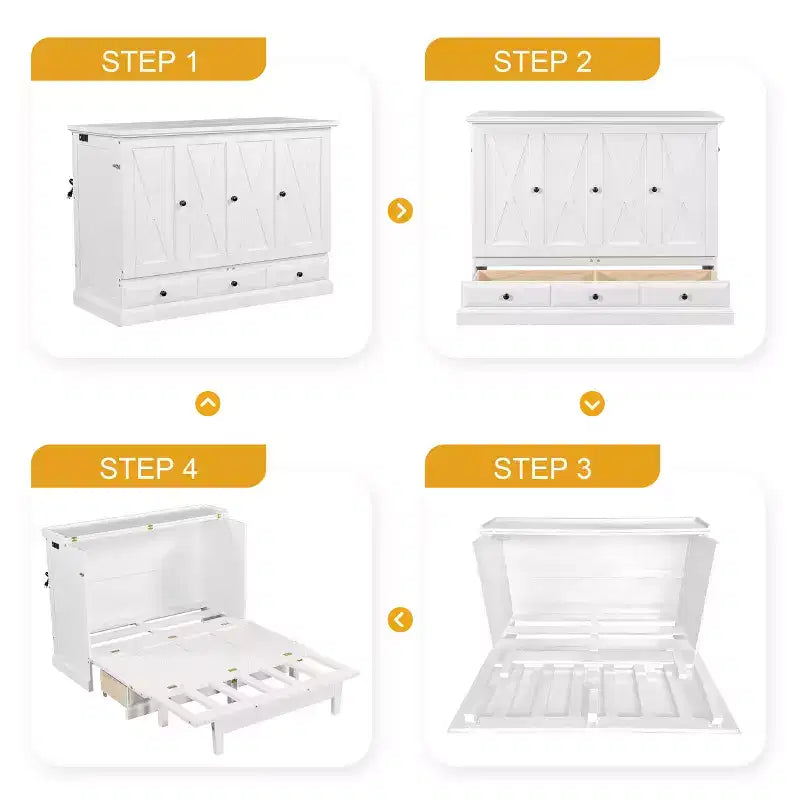 Lit escamotable en bois, taille Queen/double, avec port USB et tiroirs de rangement