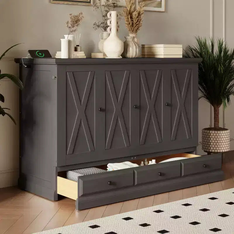 Lit escamotable en bois, taille Queen/double, avec port USB et tiroirs de rangement