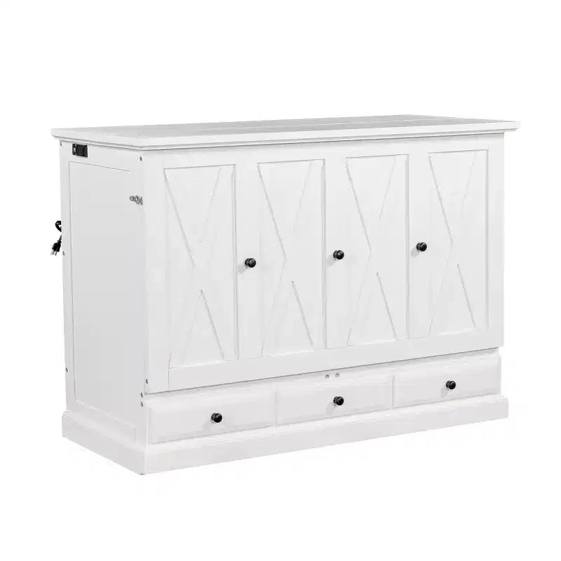 Lit escamotable en bois, taille Queen/double, avec port USB et tiroirs de rangement