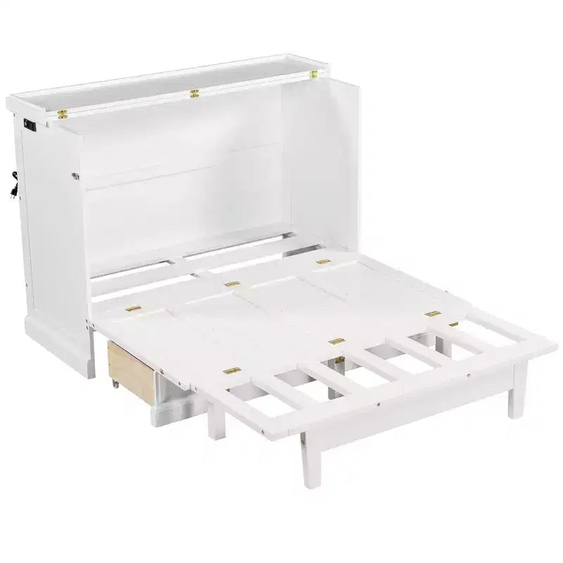 Lit escamotable en bois, taille Queen/double, avec port USB et tiroirs de rangement