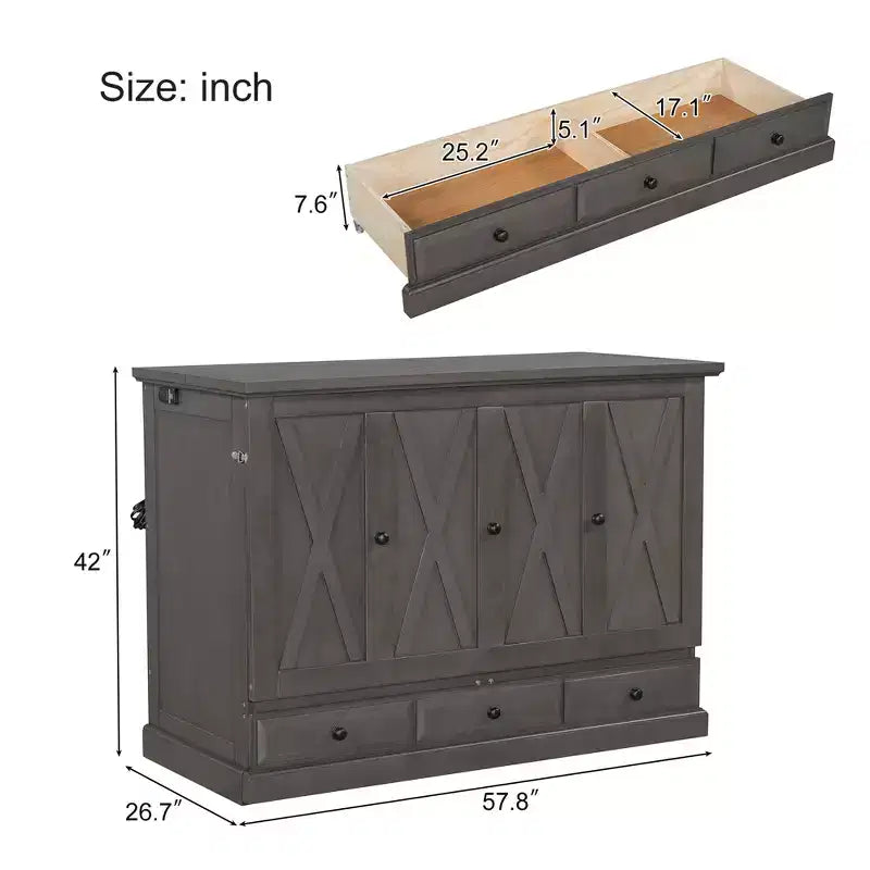 Queen/Full Size Wooden Murphy Bed with USB Charging & Storage Drawers