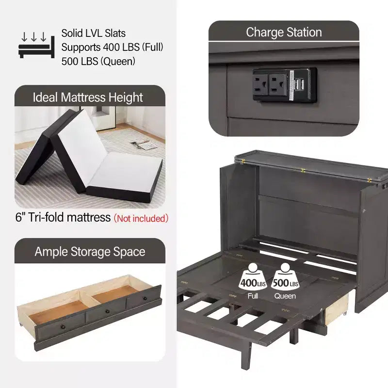 Lit escamotable en bois, taille Queen/double, avec port USB et tiroirs de rangement