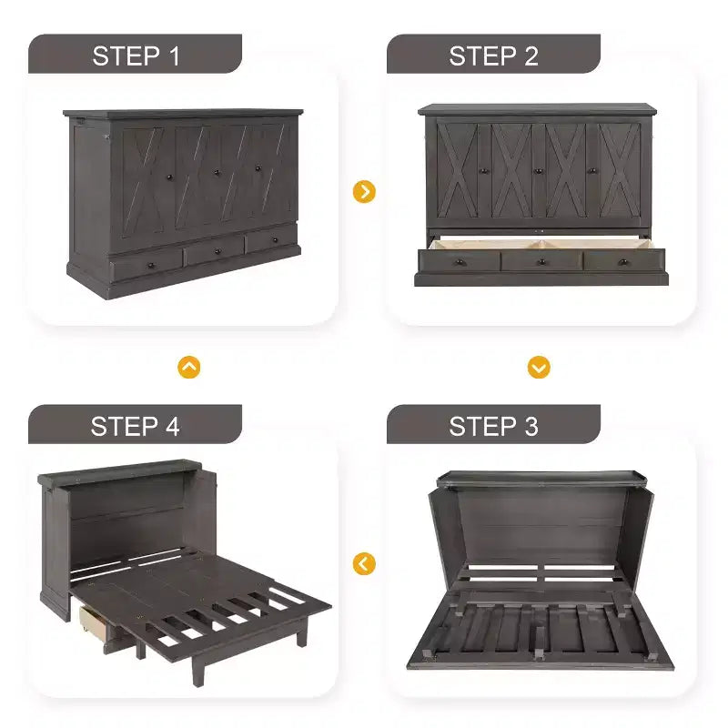 Lit escamotable en bois, taille Queen/double, avec port USB et tiroirs de rangement