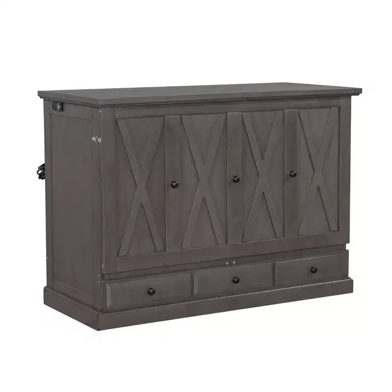 Lit escamotable en bois, taille Queen/double, avec port USB et tiroirs de rangement