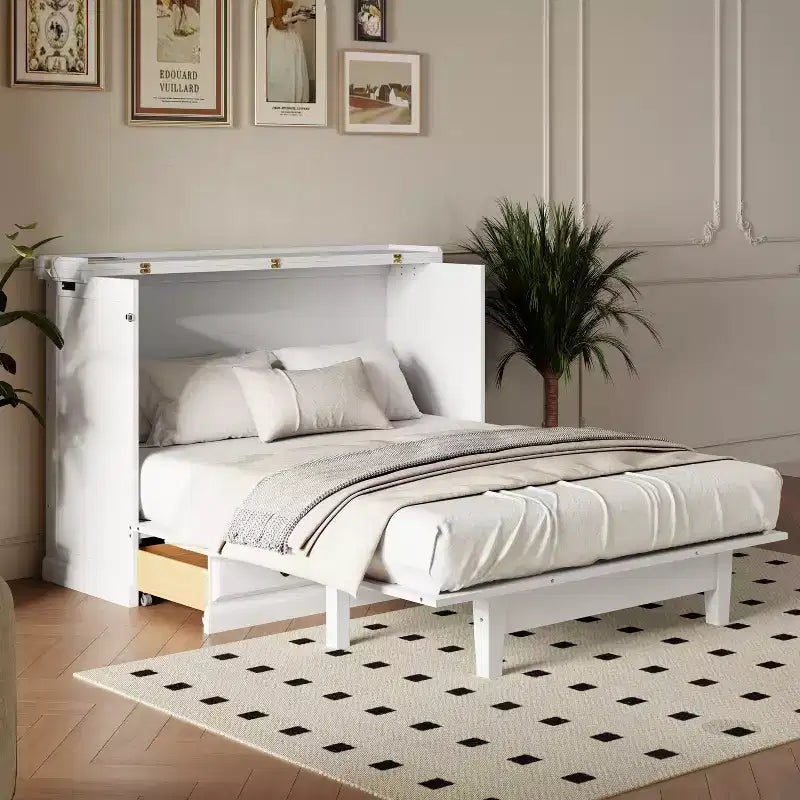 Queen/Full Size Wooden Murphy Bed with USB Charging & Storage Drawers