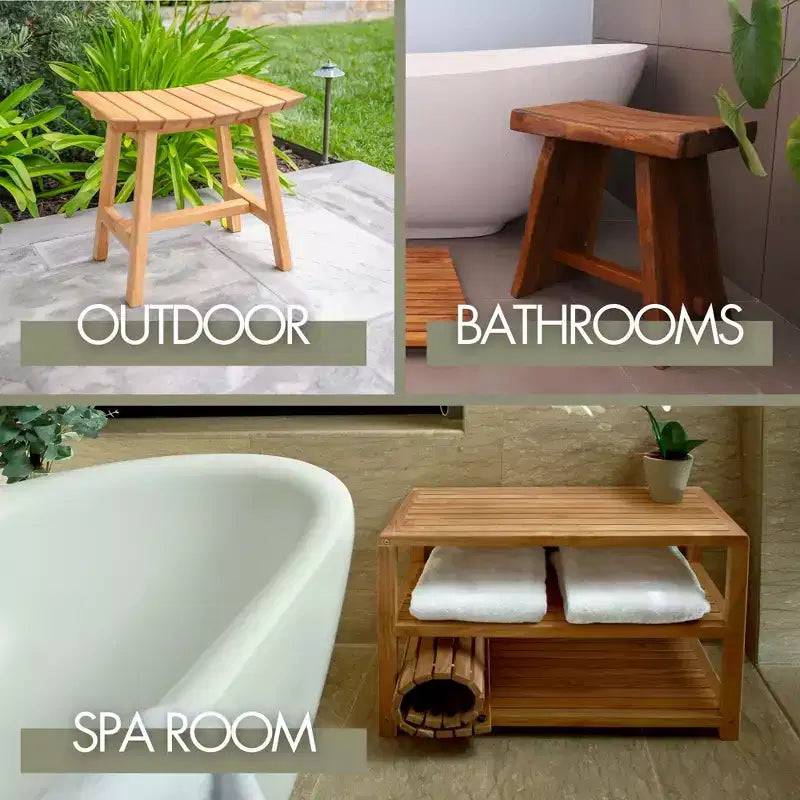 Tabouret de douche et de bain en teck massif avec assise incurvée et étagère inférieure, naturel