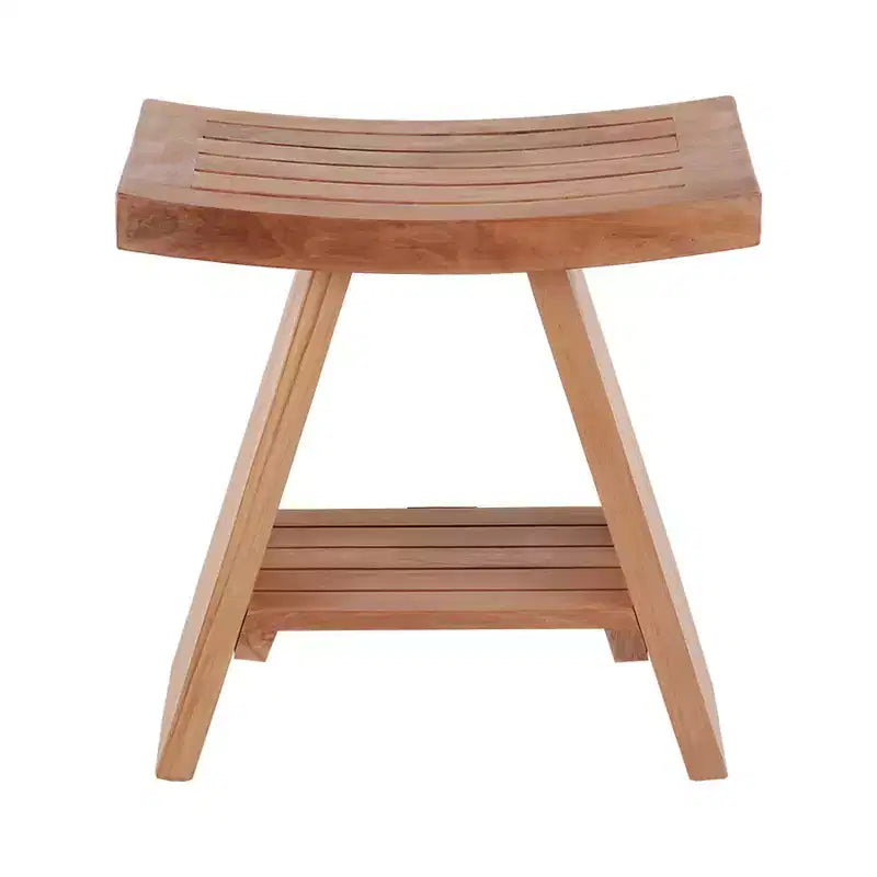 Tabouret de douche et de bain en teck massif avec assise incurvée et étagère inférieure, naturel
