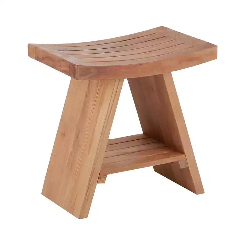Tabouret de douche et de bain en teck massif avec assise incurvée et étagère inférieure, naturel