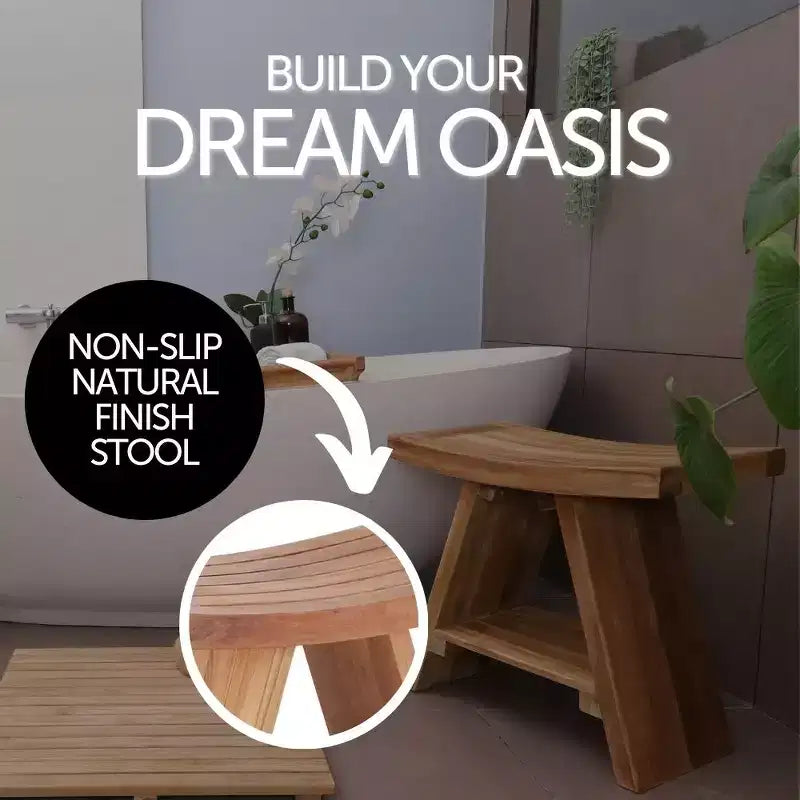 Solid Teak Wood Shower & Bath Stool with Curved Seat & Lower Shelf, Natural