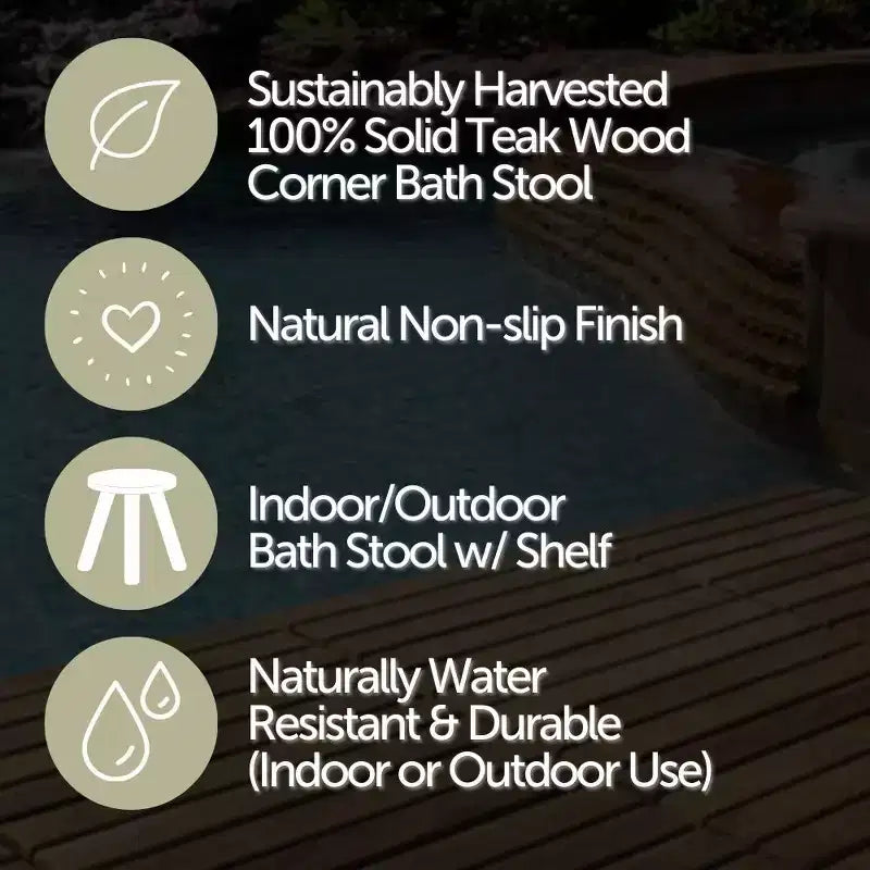 Tabouret de douche et de bain en teck massif avec assise incurvée et étagère inférieure, naturel