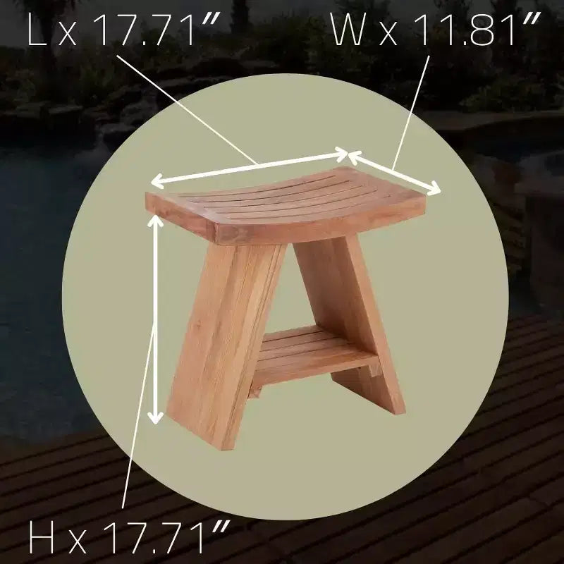 Tabouret de douche et de bain en teck massif avec assise incurvée et étagère inférieure, naturel