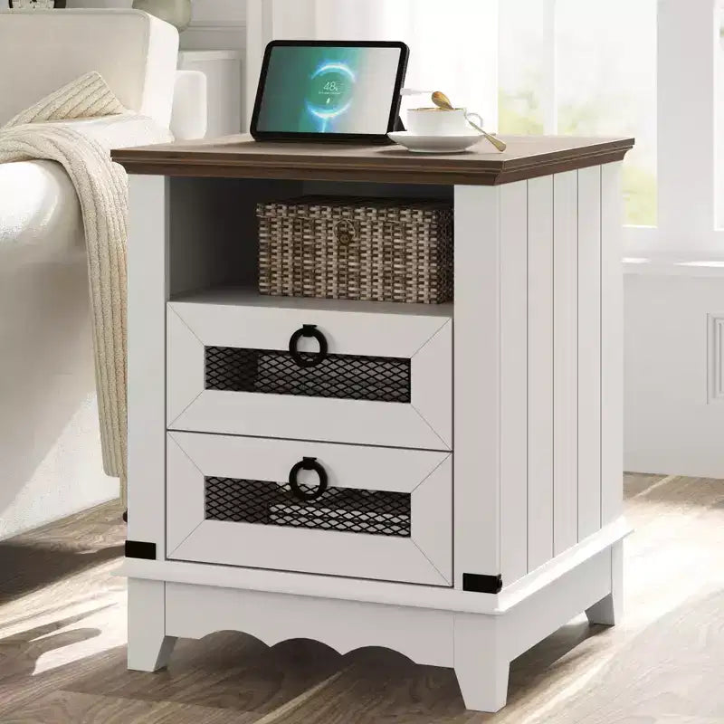 Garvee Farmhouse Nightstand 18 inch Side Table with Charging Station Bedside Table with 2 Drawer and 2 USB Ports End Table with Open Cubby