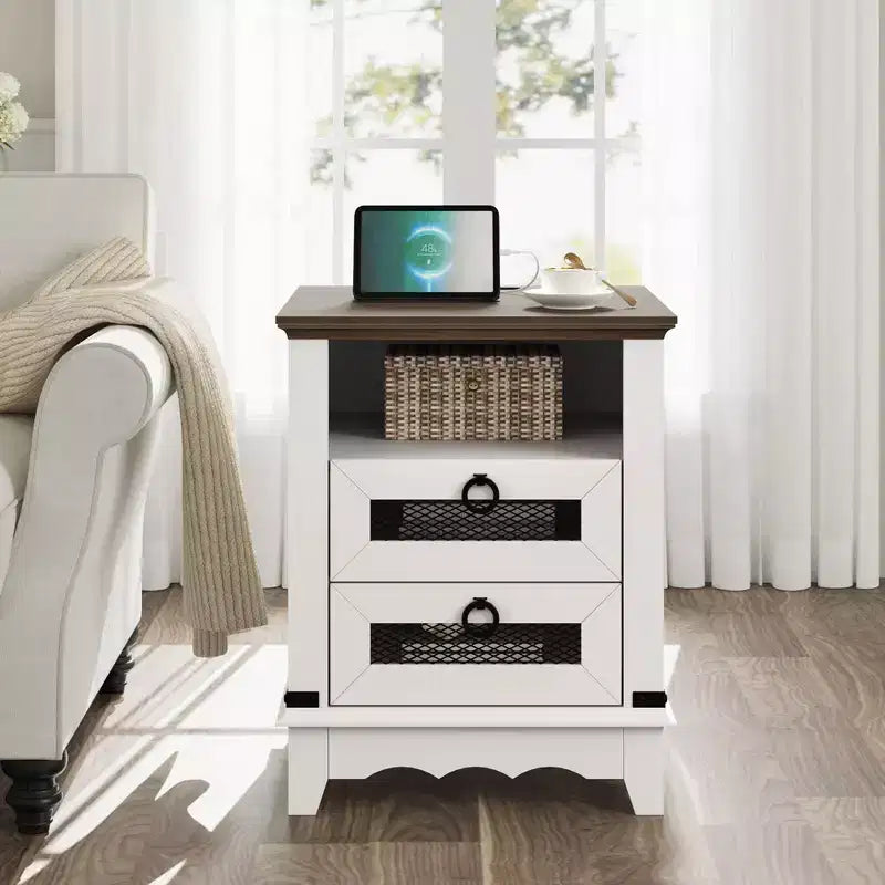 Table de chevet rustique 18" avec station de charge, 2 tiroirs, 2 ports USB et compartiment ouvert