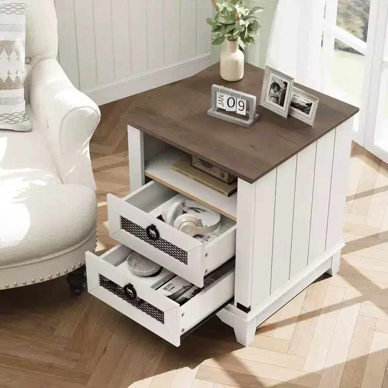 Table de chevet rustique 18" avec station de charge, 2 tiroirs, 2 ports USB et compartiment ouvert