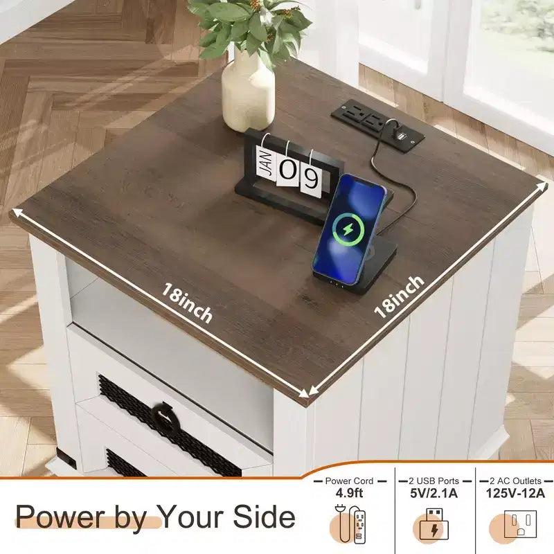 Farmhouse Nightstand 18" with Charging Station, 2 Drawers, 2 USB Ports & Open Cubby